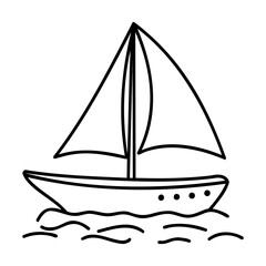 Black outline sailboat illustration on white background with waves