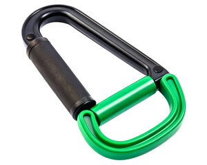 Heavy-duty black and green carabiner clip with a comfortable foam grip on a transparent background
