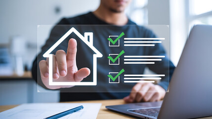 Person interacting with a digital interface displaying a house icon and a completed checklist on a screen