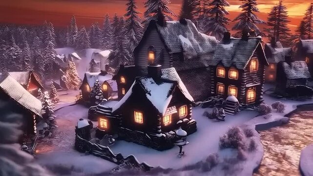Enchanting Winter Miniature Town with a Smiling Dice, Snowy Village Scenery