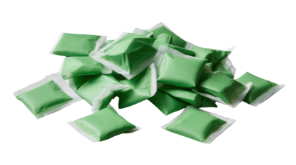 Green Cleaning Tablets : A fresh collection of neatly packaged green cleaning tablets, presented in a bright and clean setting. Emphasizing freshness, cleanliness.
