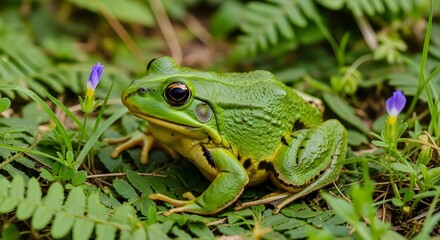Obraz premium Green frog among grass and small flowers