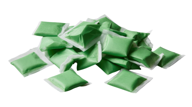 Green Cleaning Tablets : A fresh collection of neatly packaged green cleaning tablets, presented in a bright and clean setting. Emphasizing freshness, cleanliness.