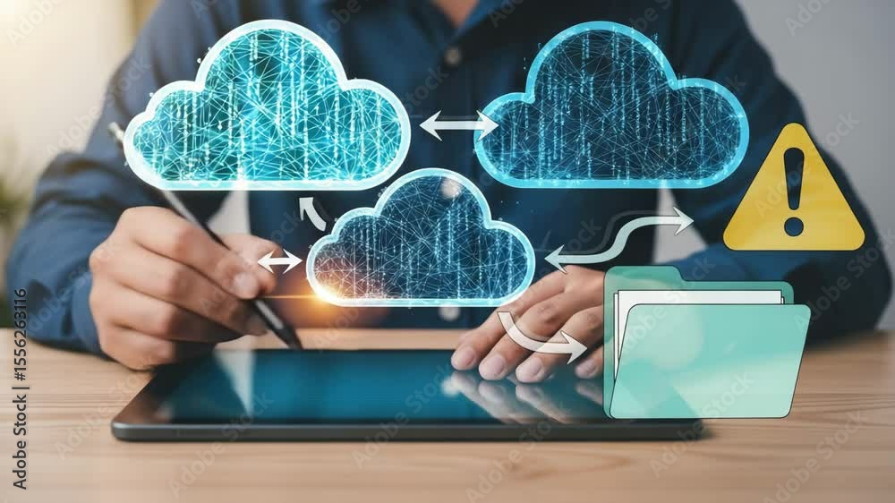 Aufkleber Person using tablet with cloud icons folder and warning sign on screen concept of data transfer 100