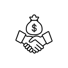 Icon depicting a handshake with a money bag on top symbolizing a financial deal or agreement.Print