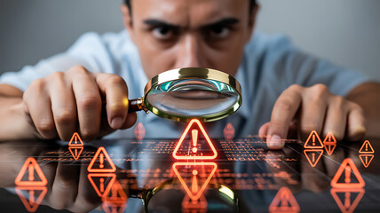 Man with magnifying glass inspecting digital data with numerous warning symbols