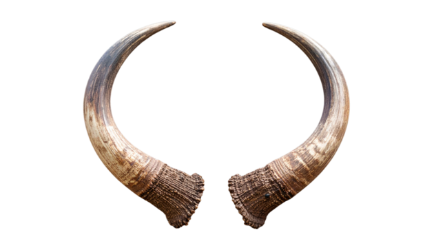 A Majestic bull horns isolated on black background perfect for design projects needing power nature or wild animal elements a strong symbol of strength and masculinity.