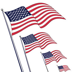 Multiple artistic representations of the american flag waving in the wind
