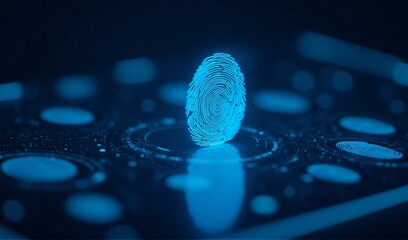 Glowing blue fingerprint on frosted digital glass, tech-themed visual for identity and biometric authentication concept