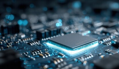 Detailed close-up of a circuit board with central chip glowing a luminous blue