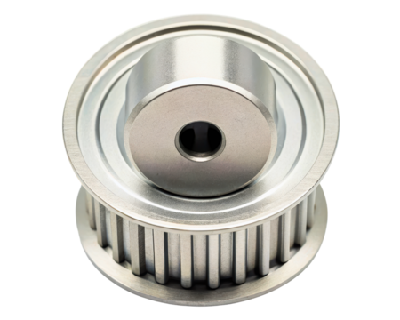 Shiny metal toothed timing pulley for industrial machinery on a transparent background