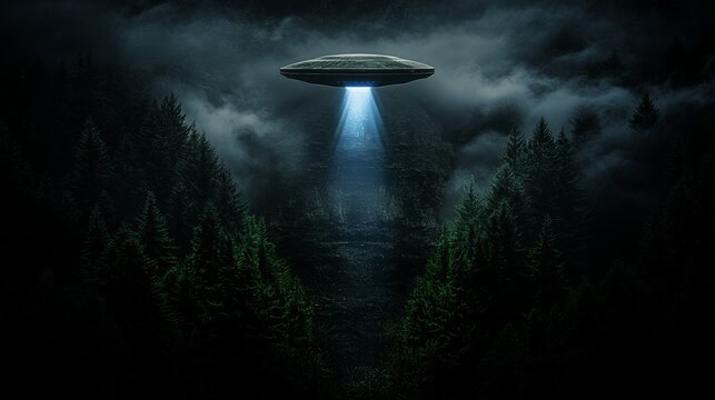 Mysterious ufo hovering over dark forest with dramatic light beam