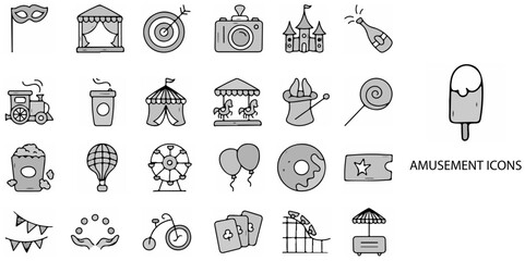 Amusement Park simple concept 24 hand drawn Grew color icons set .Vector illustration.	