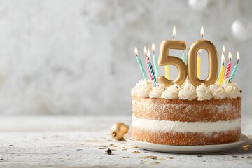 50 Birthday Cake with Gold Topper and Candles, Empty Space for Text, Elegant Festive Celebration Dessert
