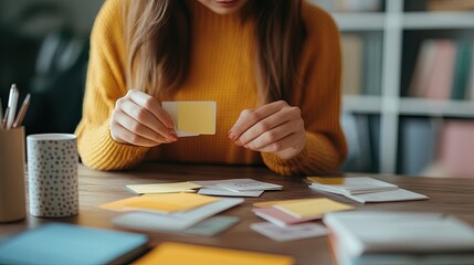 Focus on a female student's hands flipping through flashcards while reviewing vocabulary words.