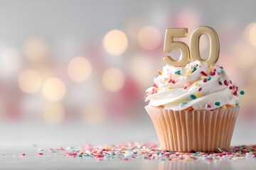 50 Birthday Cupcake with Gold Topper, Colorful Sprinkles, Empty Space for Text, Festive Celebration Treat
