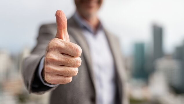 Man in suit gives a thumbs-up gesture; city buildings blurred in background - Powered by Adobe