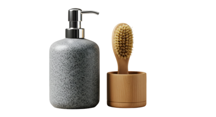Gray bottle and wooden brush for hygiene