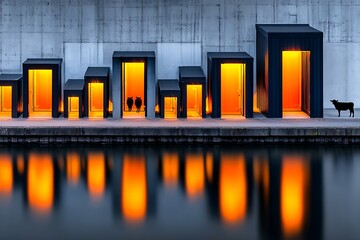 Modern architecture by water, orange light