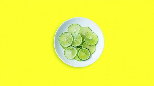 Sliced lemon in the plate on yellow background. Sliced lemon fruit with stop motion effect. Seamless loop video