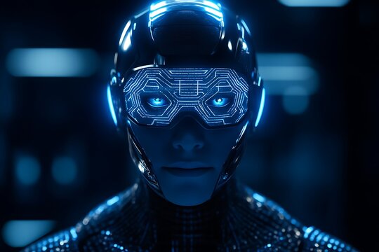 A digital human avatar wearing VR glasses, with holographic circuit patterns and visible eyes on the helmet. - Powered by Adobe