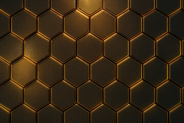 Dark hexagonal pattern with glowing golden edges and textured surfaces