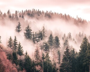 Mystical forest obscured by dense fog