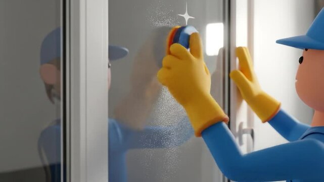 Animated window cleaner scrubbing glass with a sponge, leaving sparkling clean surface