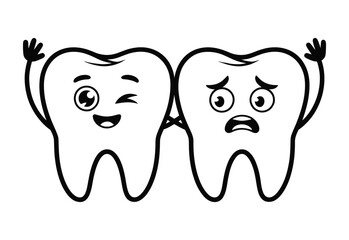 Two cartoon teeth characters one happy winking and one sad scared with hands up