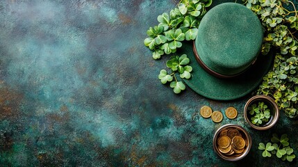 St. patrick's day celebration: green hat, gold coins, and four-leaf clovers on textured background