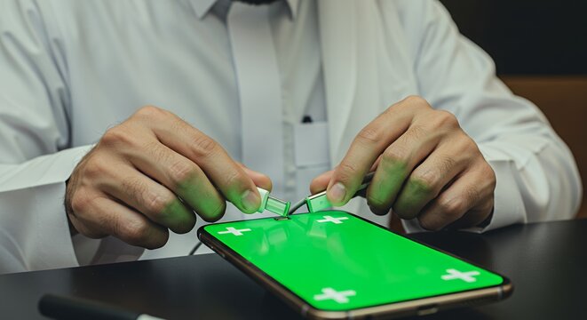 Doctor's Hands Carefully Connecting Charger to Smartphone with Green Screen
