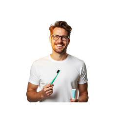 Happy Young Man Holding Toothbrush and Toothpaste, Smiling at Camera