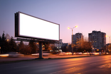 Blank billboard mockup on a busy street at golden hour, with soft urban lighting 