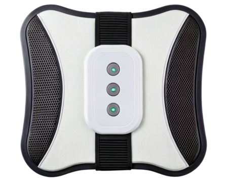 Portable electronic back support with vibrating massage nodes on a transparent background