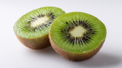 Fototapeta premium Fresh kiwi halves with vibrant green flesh and black seeds, showcasing nature's juicy perfection.