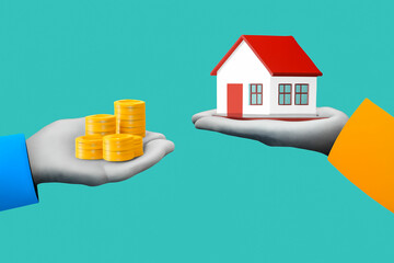 Hands exchanging money for a house symbolizing real estate investment and property ownership