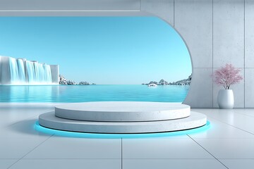 Fototapeta premium Minimalist pedestal, ocean view, modern interior