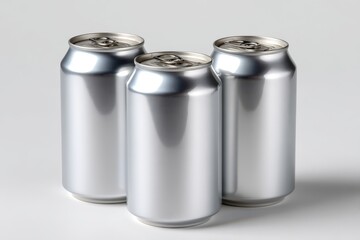 Three aluminum cans stand on a white surface displaying a sleek metallic sheen and their rounded cylindrical shapes