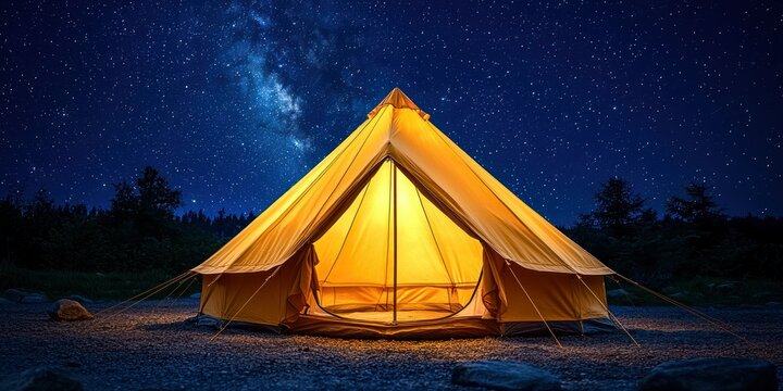 Illuminated canvas yurt under a starlit sky