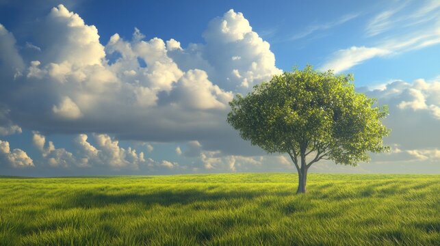 Solitary tree in green field under cloudy sky