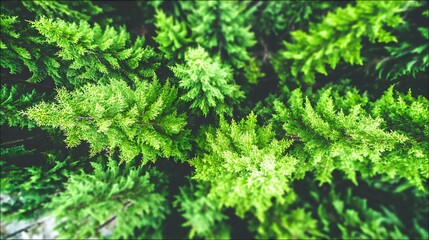 Overhead view vibrant green evergreen branches