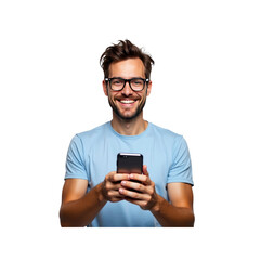 Happy Young Man Using Smartphone, Smiling at Camera