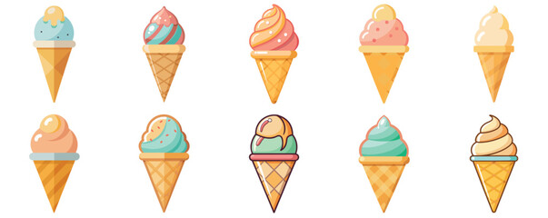 Colorful Array of Cartoon Ice Cream Cones with Pastel Shades and Toppings vector illustrations