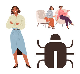 Confident woman standing with arms crossed, two women engaged in discussion on chairs, and a simplified bug icon. Ideal for communication, teamwork, problem-solving, leadership, confidence