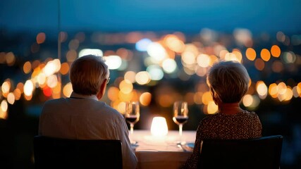 Romantic couple dinner with wine rooftop restaurant, city lights and evening ambiance create intimate atmosphere, elegant celebration of love, togetherness, happiness, relaxation, luxury - Powered by Adobe