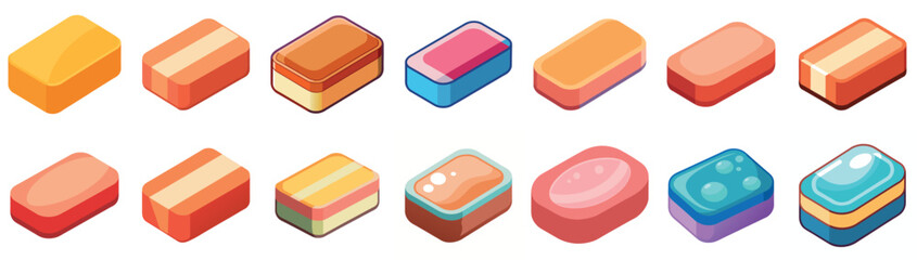 Fototapeta premium Isometric representation of colorful soap bars with different shapes and designs vector illustrations