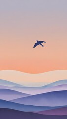 Naklejka premium Digital Nature Silhouette with Bird and Blue Hills – Pastel Sunset Background