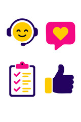 Modern communication and service-related icons like thumbs up, chat, and checklist.