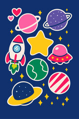 Fototapeta premium Space-themed illustrations with planets, rockets, stars, and colorful cosmic elements.