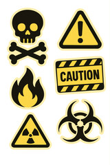 Obraz premium Hazard and warning signs with symbols like skull, fire, biohazard, and exclamation.